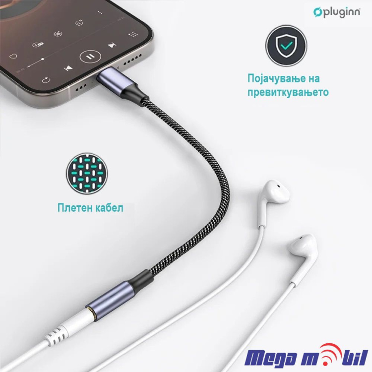 Kabel Pluginn iPhone na 3.5mm zenski za slusalki 25cm black